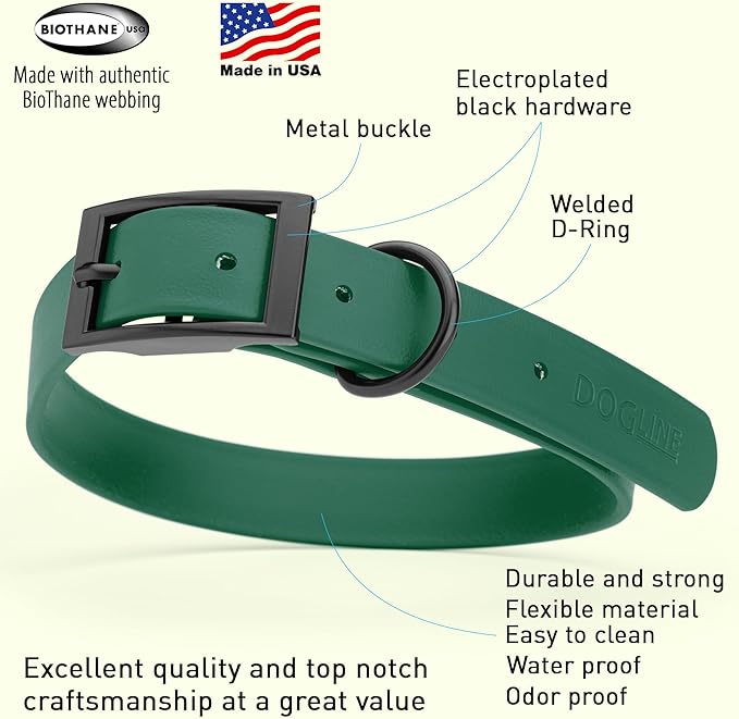 Dogline Biothane Coated Webbing Dog Collar with Black Metal Hardware: Durable Easy-Clean Everyday Collar for Dogs - Comfortable Adjustable Odor-Resistant Pet Collar, W1 x L18-22, Hunter Green