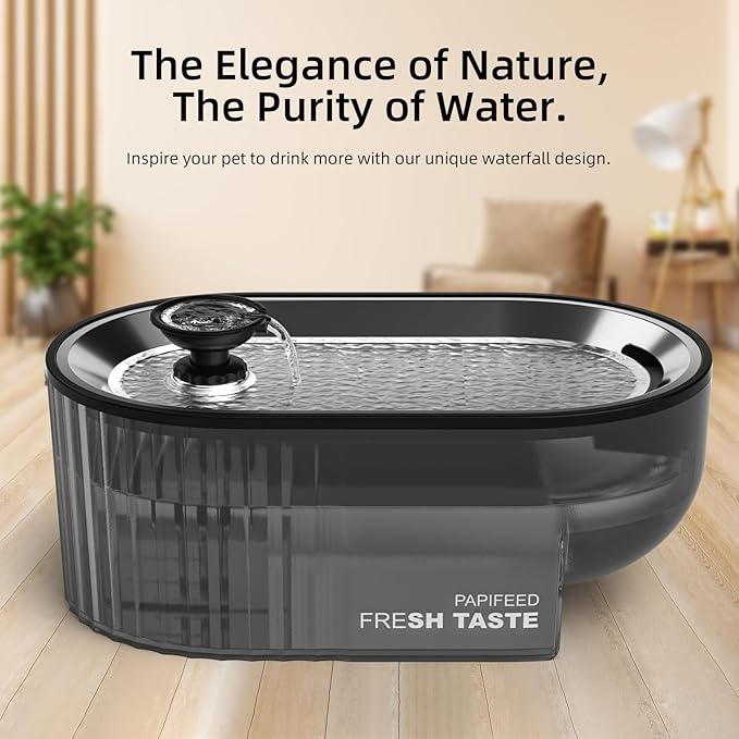 PAPIFEED Cat Water Fountain+ Stainless Steel Tray + 1 Silicone Mat+5 Filters+2 Sponges, 84 oz/2.5L Automatic Pet Drinking Fountain, Ultra Quiet Pet Fountain with Stainless Steel Tray, Easy to Clean