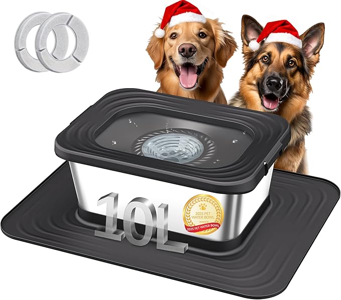 Decflow 10L Stainless Steel Dog Water Bowl, No Spill Anti-Splash Dog Bowls with XXL Silicone Mat, Spill-Proof Slow Feeder for Messy Drinkers, Heavy Duty Pet Bowls for Indoor/Outdoor Use Black
