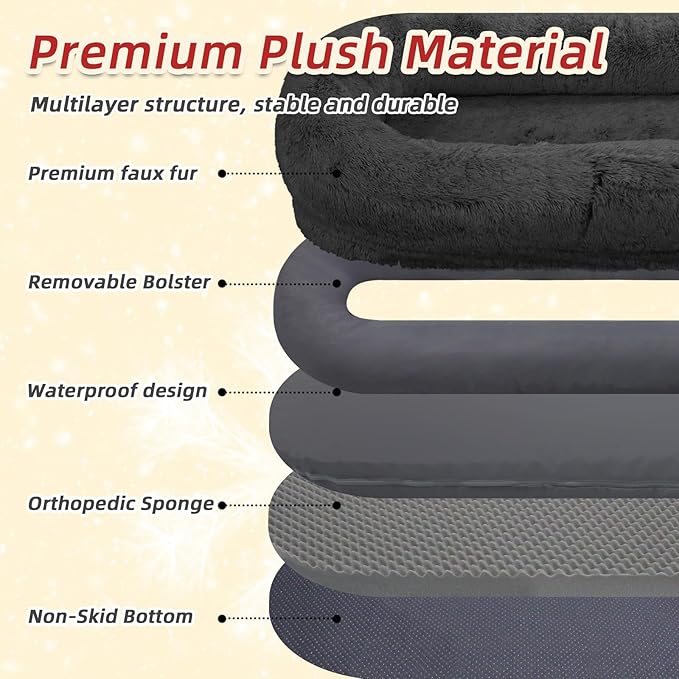 Human & Pet Bed, 71'x45'x12' - Washable Faux Fur Orthopedic Dog Bed, Plump Pillow & Blanket - Dark Grey