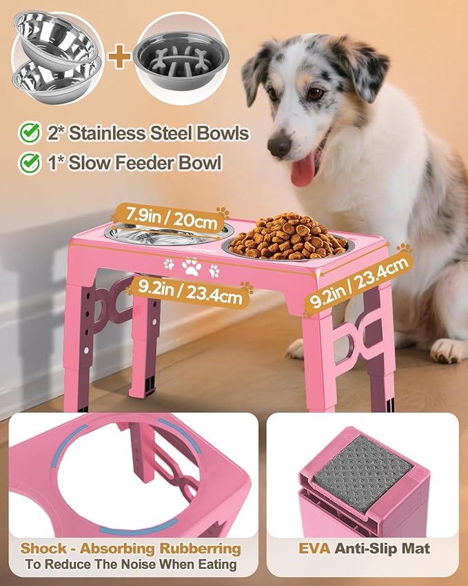 Elevated Dog Bowls, Dog Feeder with Stainless Steel Dishes & Slow Feeder Bowl, 5 Heights Adjustable Raised Stand for Medium Large, Food Dishes with Non-Slip Feet