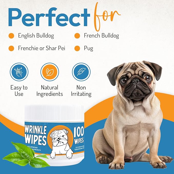 Wrinkle Wipes for Dogs - 200 Count with Honeysuckle & Green Tea –Soothing & Deodorizing Dog Face Wipes for Bulldogs, Pugs & Frenchies – Cleans Skin Folds, Tear Stains & Paws