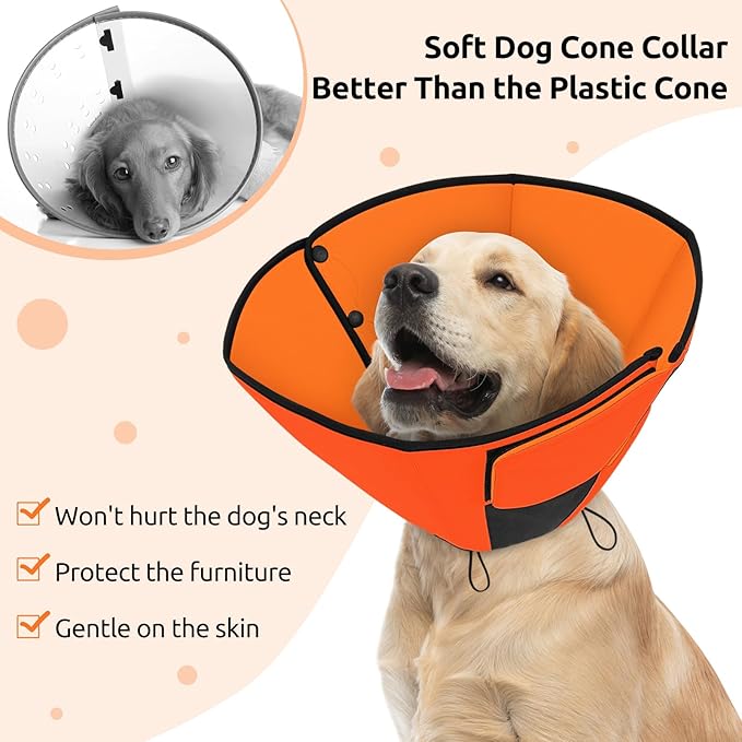 Queenmore Dog Cones for Small Dogs, Soft Cone for Dogs, Dog Cone Collar to Prevent Licking Wounds, Adjustable Comfy Cones for Pets, Adjustable Elizabethan Collar for Cat, Orange S