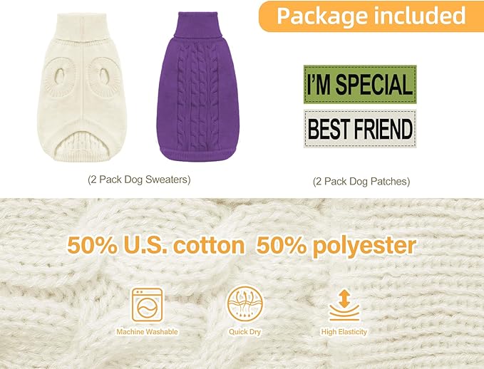 2 Pack Dog Sweaters for Small Dogs - Puppy Medium Warm Clothes in Winter, Turtleneck Pullover Design for Boy Girl Pet, Doggie, Cat, Kitten Chihuahua Bulldog Pug Beagles (XS, Purple, Beige)