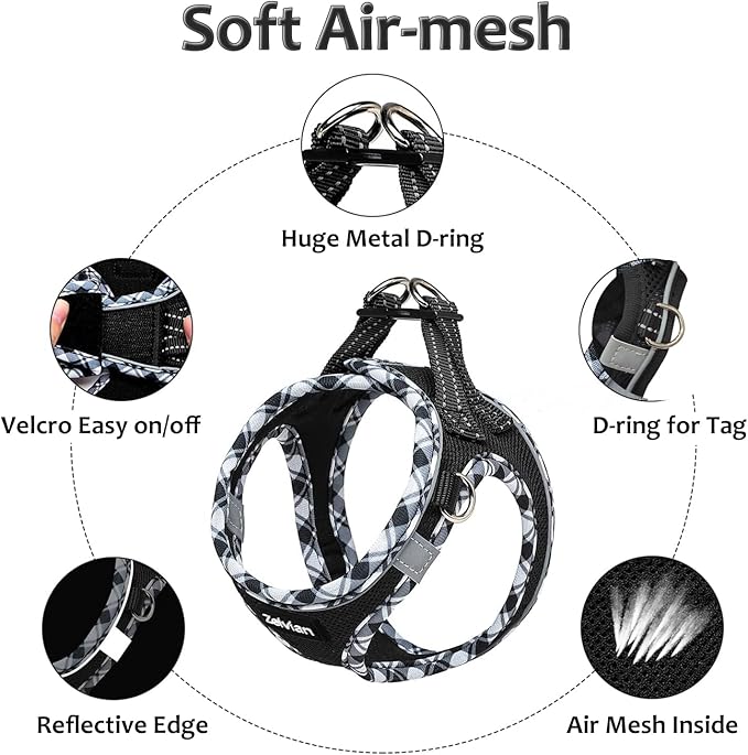 Cat Harness and Leash Set for Walking, Escape Proof Adjustable Soft Mesh Kitten Harness with Reflective Strips, Breathable No-Choke Pet Vest for Small Cats or Puppies(Black,S)