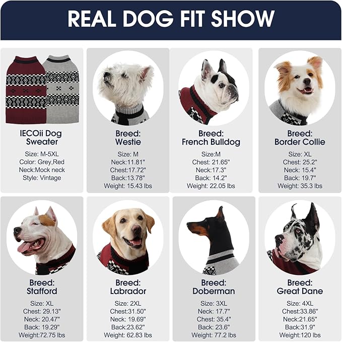 IECOii Great Dane Sweaters for Giant Breed Dogs Boy,Warm Sweaters for Extra Large Dogs,Thermal Cozy Boy Dog Winter Sweater Knitted Outfit for Holiday & Daily Wear,Pet Sweater with Sleeve,DarkRed, 5XL