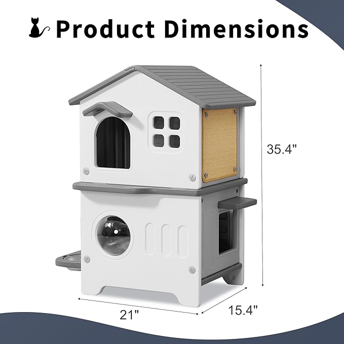Rockever Outdoor Cat House, 2-Story Waterproof Cat House for Outdoor Cats with Escape Door, Elevated Feral Cat House Indoor, Sturdy Stainless Steel Bowl & Scratching Post, Clean Easily(Grey)