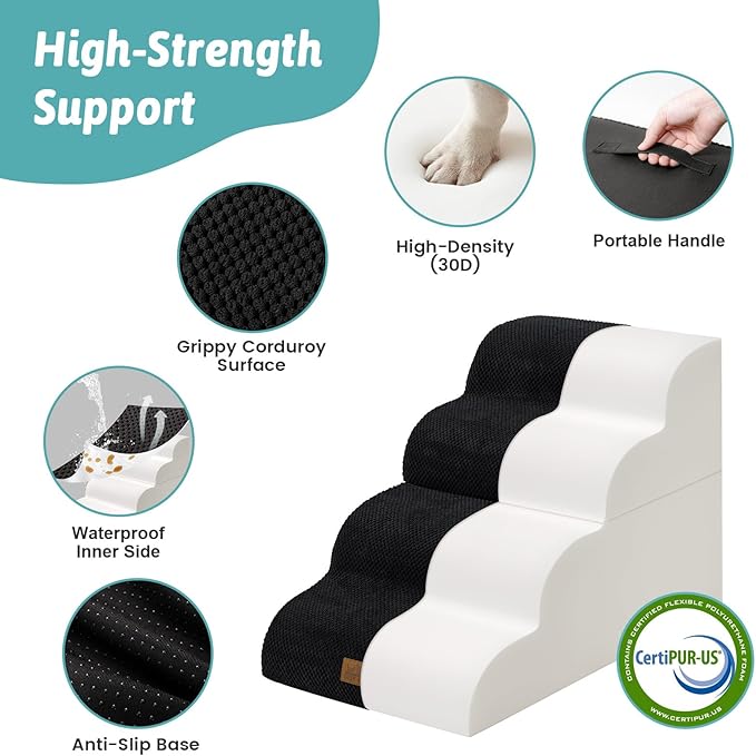 Dog Stairs for Small Dogs 19.7" H, Detached Dog Step for Puppy or Older Cat, Ramp for Bed, Sofa, Couch or Chair, Ladder with High Density Foam, 15.7x28.3x19.7 inch, 4 Step, Black