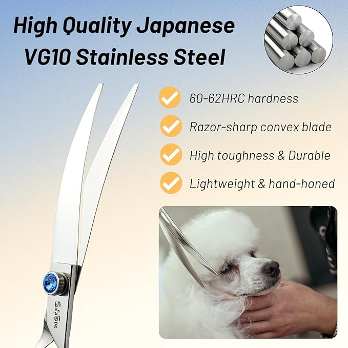 7.5inch Curved Dog Grooming Scissors, VG10 Stainless Steel Sharp Professional Dog Scissors for Grooming, 25° Bend Safety Pet Trimming Shears for Dogs Cats Groomer, with Ergonomic Handle