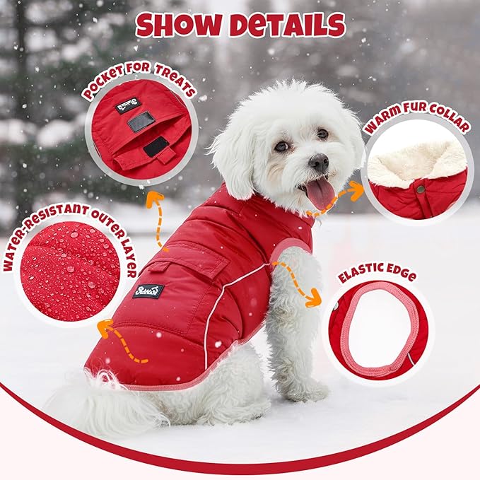 SlowTon Dog Coat - Warm Dog Winter Coat Waterproof, Reflective Winter Jacket with Pocket, Puppy Fleece Vest Pet Apparel Cold Weather Clothes for Small Medium Large Dogs Boy Girl (Red, S)