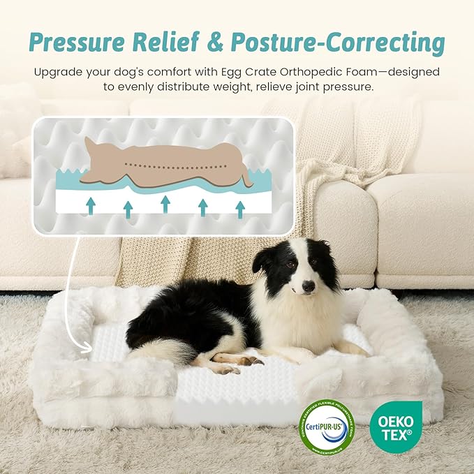Orthopedic Dog Bed for Medium Small Size Dog, Faux Fur Pet Sofa, Foam Bolster Couch with Waterproof Lining Cover, Anti-Slip, Soft, Warm, Washable, C-Shaped, 30x20x6.5 inch, Beige