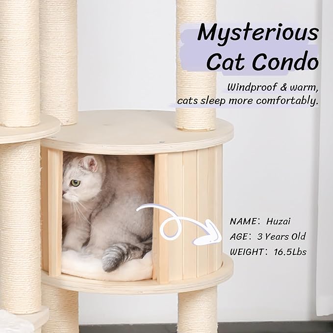 KAMABOKO 64" Tall Cat Tree - Wooden Cat Trees Tower with Cat Condo, Hammock & Top Perch, Modern Tall Cat Tree w/Natural Sisal Posts for Climb Scratch Play Rest