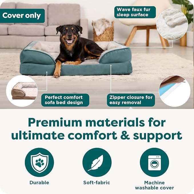 FurHaven Dog Bed Cover Replacement, Sofa-Style Design with Soft, Breathable Fabric for Cozy Comfort, Machine Washable, Jumbo/XL, Plush & Velvet Waves, Celadon Green