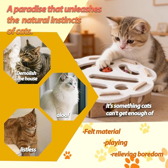 Interactive Cat Puzzle Toy, Felt Maze Box, Allows Cats to Play Independently, Scratching and Hunting Puzzle Box, Kitten Toy, a Gift for Kittens. (Camel-Colored lace)