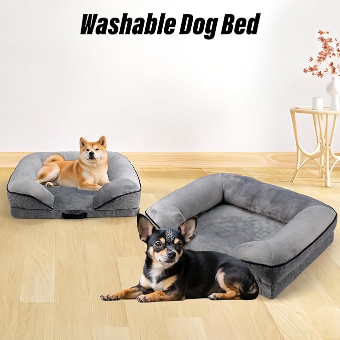 Orthopedic Egg-Shaped Sponge Dog Bed Medium Size Dog with Sides, Removable Cover and Non-Slip Bottom (Grey, 42 * 32 * 8.5)