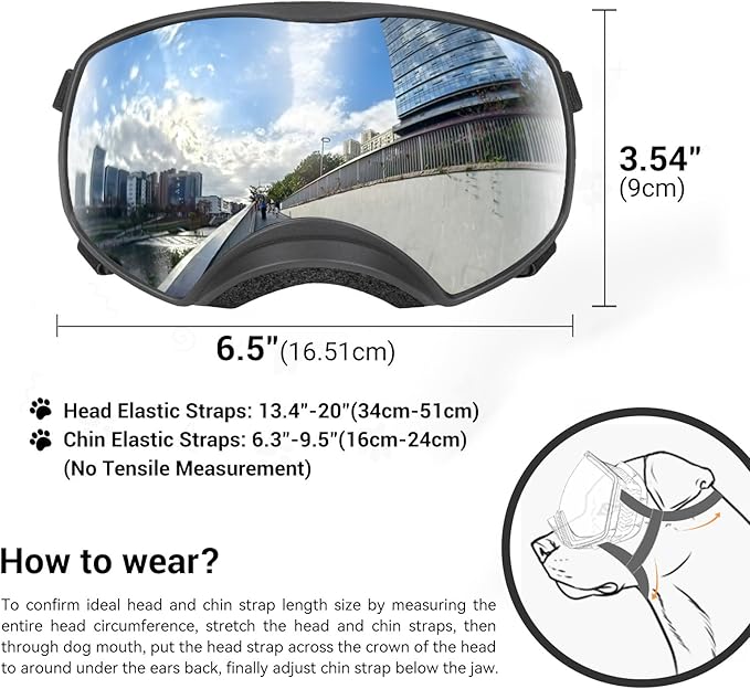 PETLESO Dog Goggles for Medium to Large Breed, UV Protection Dog Sunglasses Wide Version Windproof Eye Wear for Outdoor Driving/Riding/Hiking, Adjustable, Silver Mirror Lens