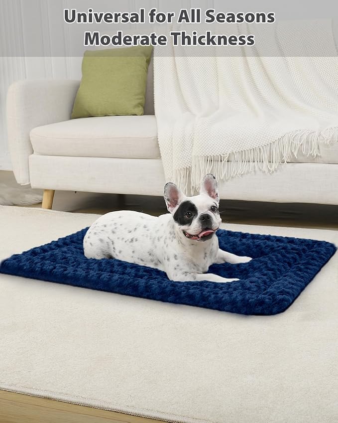 Washable Dog Bed Mat Reversible Dog Crate Pad Soft Fluffy Pet Kennel Beds Dog Sleeping Mattress for Large Jumbo Medium Small Dogs, 29 x 18 Inch, Blue