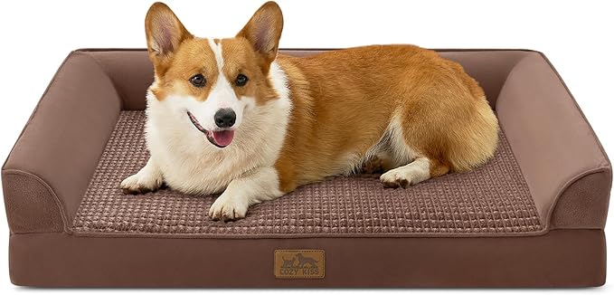 Orthopedic Dog Bed for Large Dog, Pet Couch for Medium Dog Cat, Big Supportive Foam Bolster Sofa with Waterproof Lining Cover, Anti-Slip, Comfort, Washable, 36x27x7.5 in, U Shape, Brown