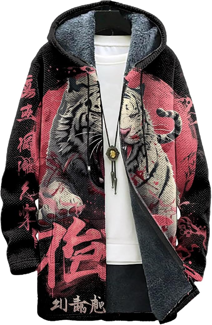 MARSVOVO Cool Hippie Long Cardigan Hoodies for Men Zipper Fleece Lined Knit Coat Skull Animal Print Graphic Jackets