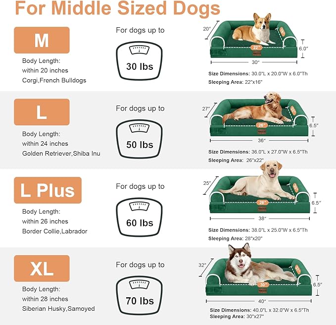 Medium Large Dog Bed Orthopedic Washable: Beds Bolster Medium Large Sized Dog Bed Egg Crate Foam Couch Sofa Waterproof with Removable Cover - Emerald