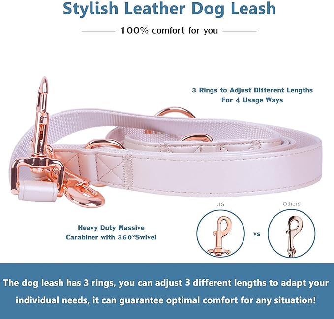 Soft Leather Dog Collar and Leash (6.6') Set - Stylish Rose Gold Heavy Duty Metal Buckle, 4 Adjustable Lengths Leash for Small Medium Large Dogs - Comfortable & Easy to Clean L(15.4"-24.8"), Gold Pink