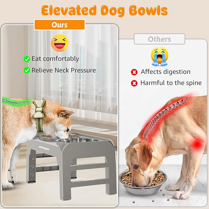 URPOWER 4 Height Adjustable Elevated Dog Bowls - 50oz Large Capacity Stainless Steel Bowls, No-Spill Edge, Non-Slip Stand for Small, Medium, Large Dogs & Pets