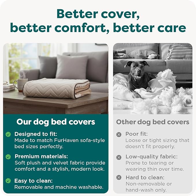 FurHaven Dog Bed Cover Replacement, Sofa-Style Design with Soft, Breathable Fabric for Cozy Comfort, Machine Washable, Jumbo/XL, Plush & Velvet Waves, Brownstone