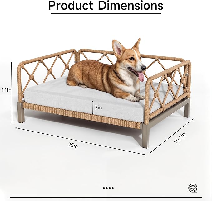 Dog Bed with Cushion, Cooling Elevated Raised Beds with Rattan Breathable Mesh and Universal Mat, Indoor & Outdoor Pet Cots for Small Dog, Sand