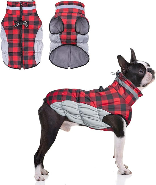 BEAUTYZOO Dog Winter Coat with Harness Built in, Reflective Plaid Puffer Vest Waterproof for Medium Dogs, Fleece Warm Puppy Zipped Jacket with D Ring, Pet Cold Weather Sweater Clothes, Red M
