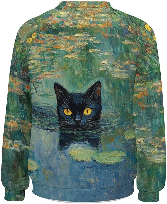 Womens novelty funny cat printed crewneck sweatshirt casual loose long sleeve graphic pullover sweatshirts tops