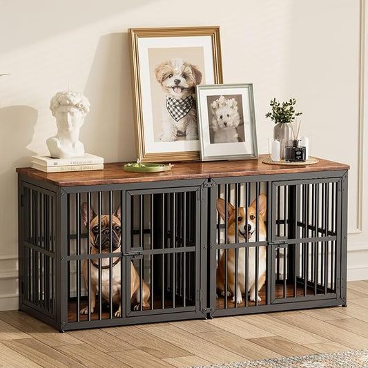 Lyromix 54'' Dog Crate Furniture with Double Rooms,Wooden Crate End Table Heavy Duty Indoor Puppy Cage for 2 Small Dogs, Multiple Units Can be Combined, Rustic Brown