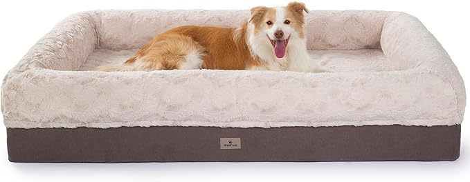 Memory Foam XL Dog Bed for XLarge Sized, Extra Large Orthopedic Dog Sofa with Sides and Waterproof Liner, Washable Bolster Pet Bed Couch with Removable Cover, 60x43x13 Inch, Khaki