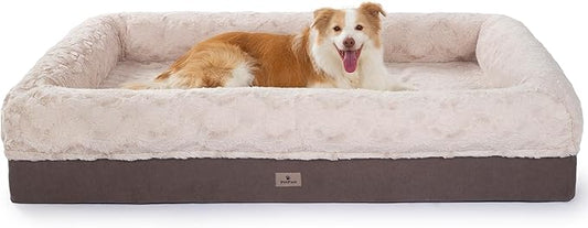 Memory Foam XL Dog Bed for XLarge Sized, Extra Large Orthopedic Dog Sofa with Sides and Waterproof Liner, Washable Bolster Pet Bed Couch with Removable Cover, 60x43x13 Inch, Khaki