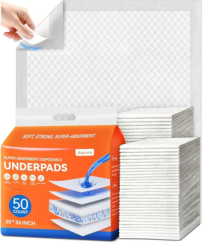 Super Absorbent Underpads for Adults, 50 Count 30" x 36" Leak-Proof Quick Drying Disposable Incontinence Bed Pads, Pee Pads with Adhesive Strips for Baby, Dogs and Pets