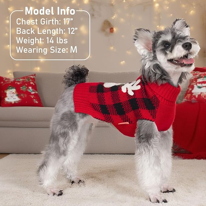 KYEESE Dog Christmas Sweater with Reindeer Pattern, Cozy Holiday Outfit, Turtleneck Dog Sweater for Small Dogs with Leash Hole, Red Buffalo Plaid Knitwear, Soft Warm Festival Dogs Clothes, Large