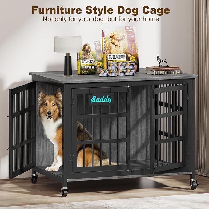 EasyCom 41"/33"/27" Dog Crate Furniture with Name Tag, Heavy Duty Dog Kennel Indoor for Medium Dogs, Double-Doors Sturdy Metal Dog Cage for Anxiety Dog, Decorate House as TV Stand, End Table