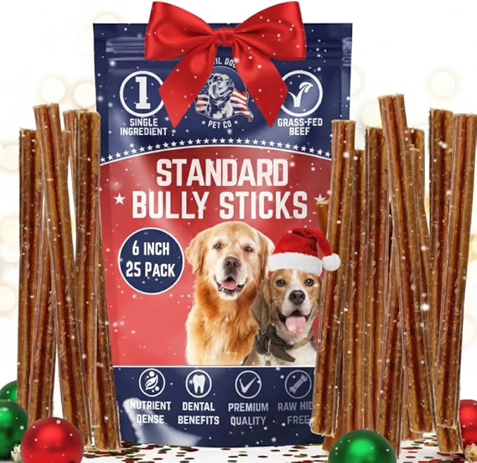Devil Dog Pet Co. Bully Sticks – 6 Inch, 25 Pack, Standard Sized Dog Chews, 100% Natural, Single Ingredient, Free-Range Grass-Fed Beef – Long Lasting, Rawhide-Free Treats for Dogs