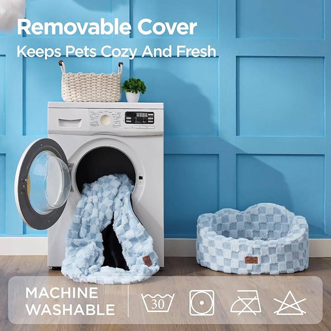 Joydeco Dog Bed for Small Dogs & Cats, Washable Cloud Pet Bed with Orthopedic Foam and Removable Checkered Plush Pad, Non-Slip Bottom for Indoor Puppies and Kittens, 27x24 Inch, Light Blue