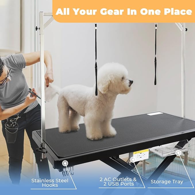 Electric Pet Dog Grooming Table, 50" Heavy Duty Grooming Table Professional X-Lift for Large Dogs Adjustable Height: 11.3"-40" Non-slip, AC Outlets, Storage Tray, 2 Nooses, Black