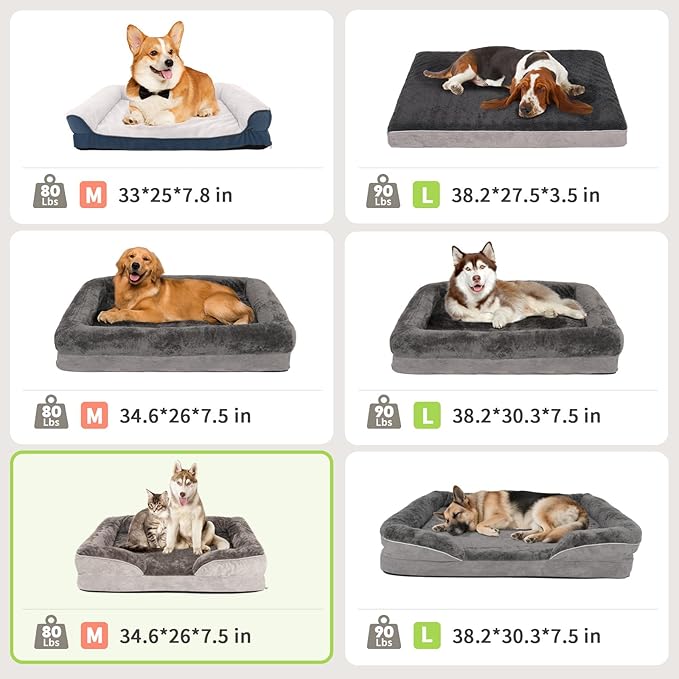 Dog Bed Waterproof Medium/Large Sized XL Foam Pet Beds Removable Washable Cover Dog Sofa Egg Crate Foam Support with Zipper Bottom Bolster Deluxe Plush Mat (34.6x26x7.5in+Grey)