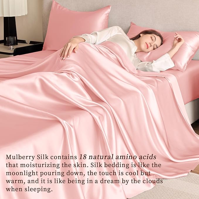 THXSILK Silk Sheet Set 4Pcs, 6A+ Top Grade 100% Pure Mulberry Silk Bed Sheets Ultra Soft Durable Luxury Bedding Sets, 1 Fitted Sheet, 1 Flat Sheet and 2 Pillowcases (Twin, Charming Pink)