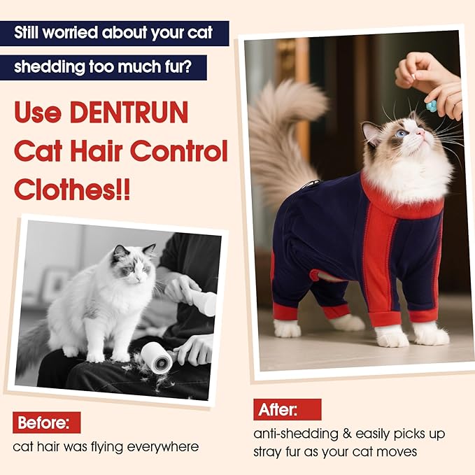DENTRUN Cat Clothes with Anti-Shedding Fabric - Soft Recovery Suit & Breathable Lint-Resistant Cat Sweater for Wound Care & Hair Control, Kitten Onesie Pajamas, XL, Dark Blue