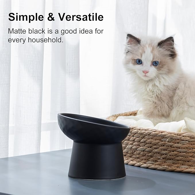 YauYik Raised Cat Bowl Black, Elevated Cat Food Bowls with Tilted Angle, Stress Free, Anti Vomiting, Ceramic Water Bowl for Cats Small Dogs Feeding Dish, 8 Ounces