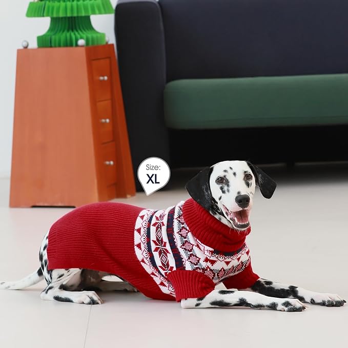 IECOii Large Dog Christmas Sweater, Cold Weather Knitted Winter Coat, Xmas Apparel, Turtleneck Thick Warm Red for Dachshund, Pug, French Bulldog