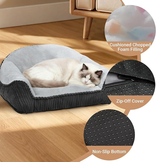Cat Couch for Puppy, Kitten, and Small Pets - Soft Faux Rabbit Fur Pet Sofa with Washable Removable Cover, Non-Slip Fuzzy Plush Cushion, 36"x27"x11"
