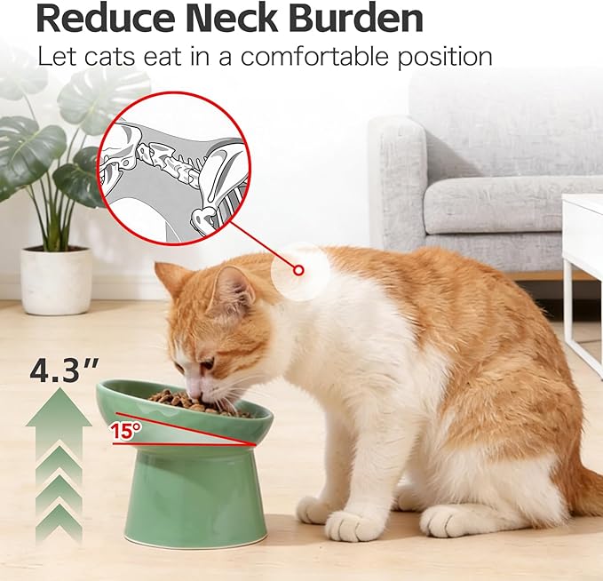 YauYik Raised Cat Bowl, Elevated Cat Food Bowls with Tilted Angle, Stress Free, Anti Vomiting, Ceramic Water Bowl for Cats Small Dogs Feeding Dish, 8 Ounces (Green-2)