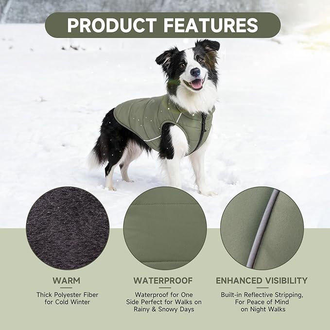 Dog Winter Coat - Waterproof Cold Weather Coat with Thick Padding, Windproof Dog's Snow Jacket with Neck & Tail Drawstrings, Reflective Puppy Jacket - Dog Coats, Olive Green L