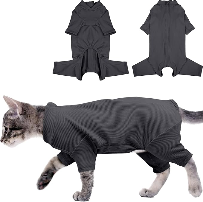 Yternal Sticky Hair Cat Clothes, Breathable & Lightweight, Reduces Shedding Fur Pajamas, Full Body Long Sleeve Surgical Bodysuit, Stop Licking & Shedding Darkgrey XS
