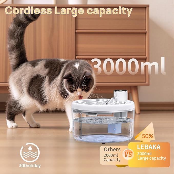 Wireless Cat Water Fountain with Stainless Steel Tray, 102oz/3L Pet Water Fountain for Cats Inside, Cat Fountain for Drinking with Motion Sensor, Ultra Quiet Pump, Cats & Dogs Gifts (2Filters)