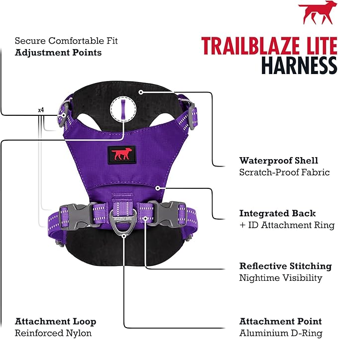 Tuff Pupper All-Day Wear Dog Harness | for Walking, Trail Running, Hiking | Front & Back Leash Clips | Reflective Trim | Easy On/Off Buckles | Lightweight Breathable | No Pull Design (Small, Purple)